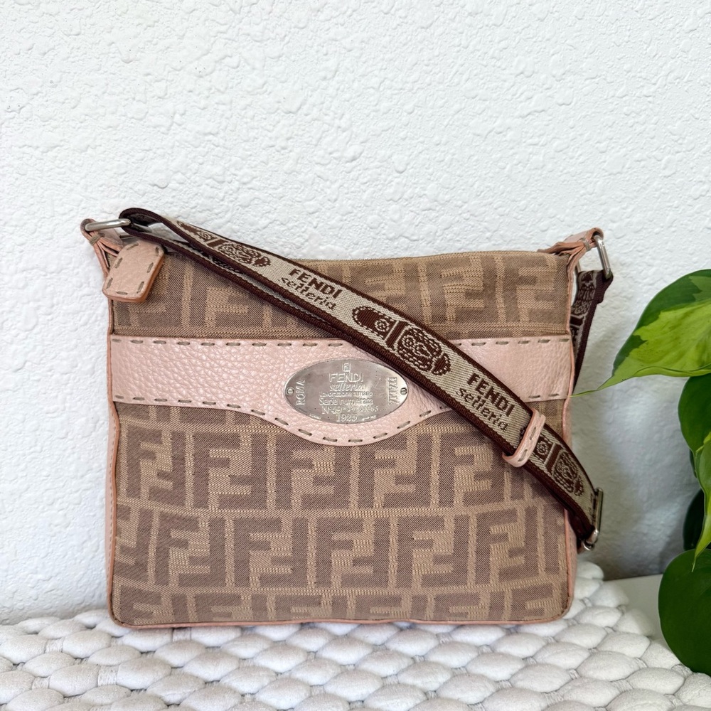 FENDI FF Crossbody Bag Selleria Canvas Zucca Beige Leather Pink